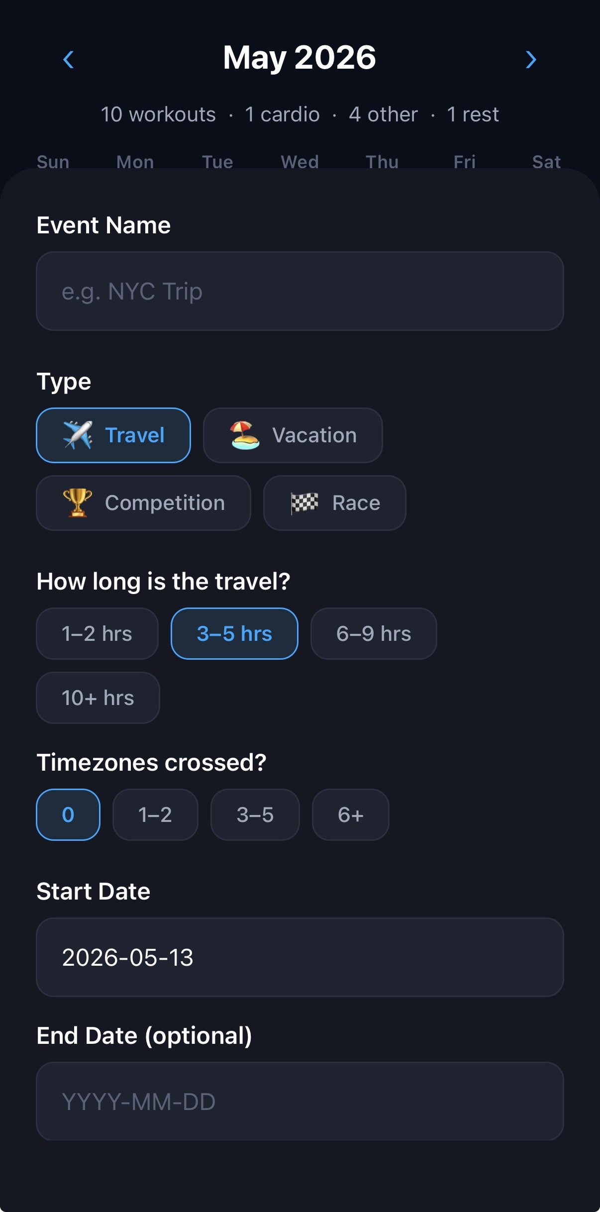 FinnFitness add event screen for logging travel, vacation, competition, or race