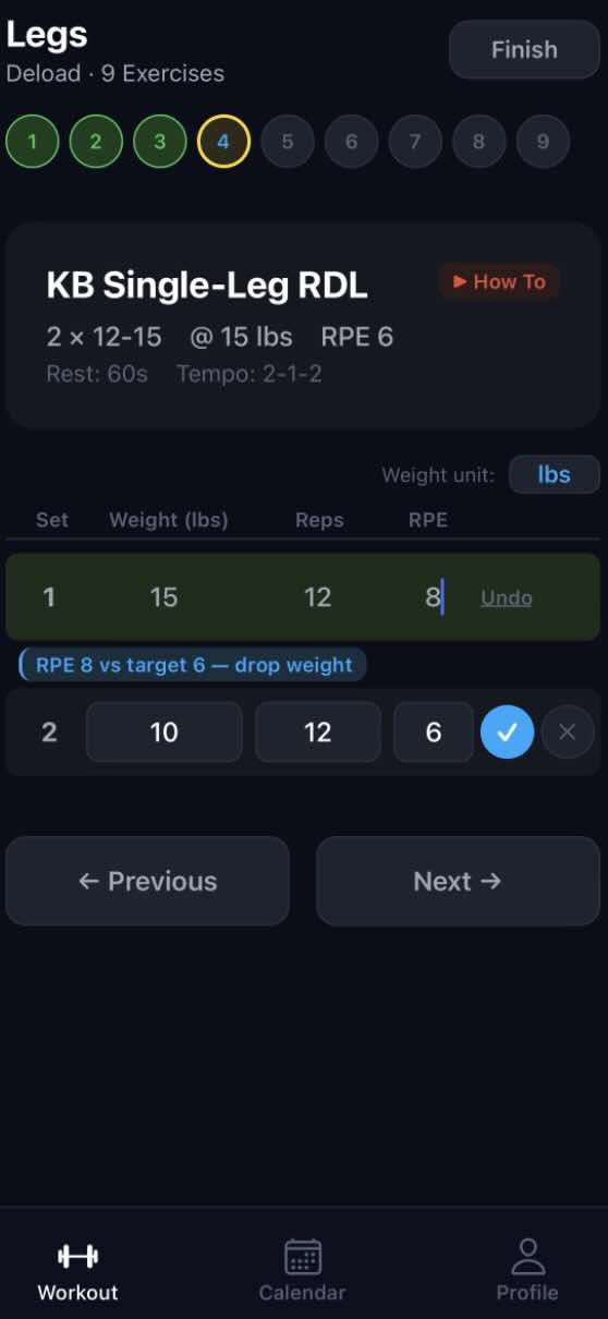 FinnFitness active workout showing set logging with RPE feedback