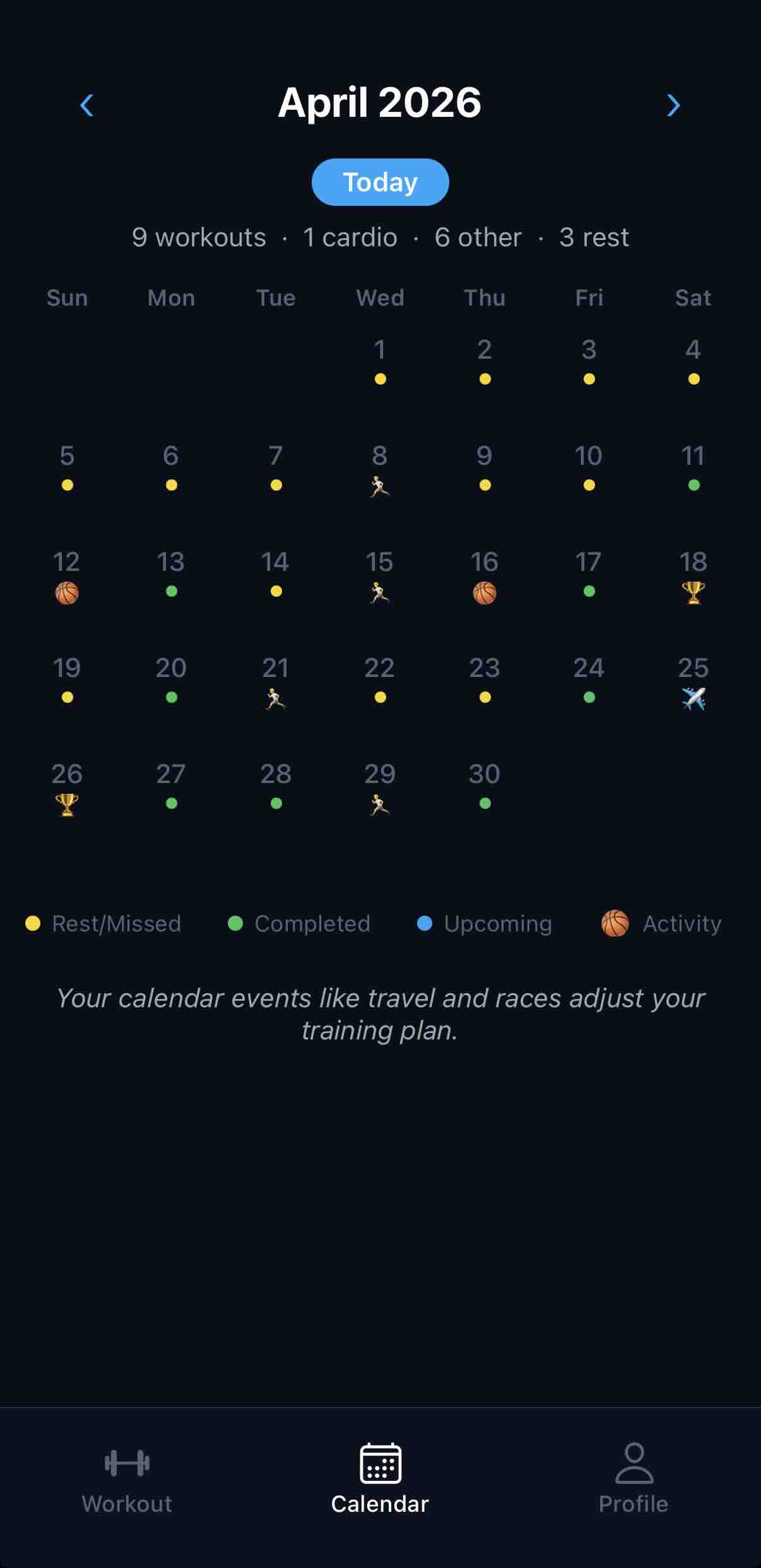 FinnFitness calendar showing monthly training plan with rest days and activities