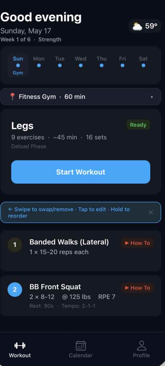 FinnFitness home screen showing today's workout